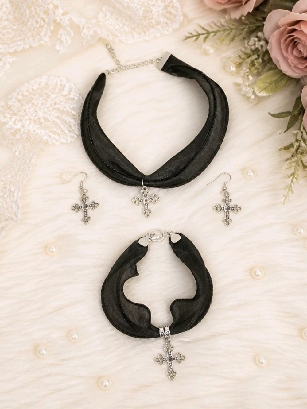 Black Ribbon Choker and Cross Earrings Jewelry Set